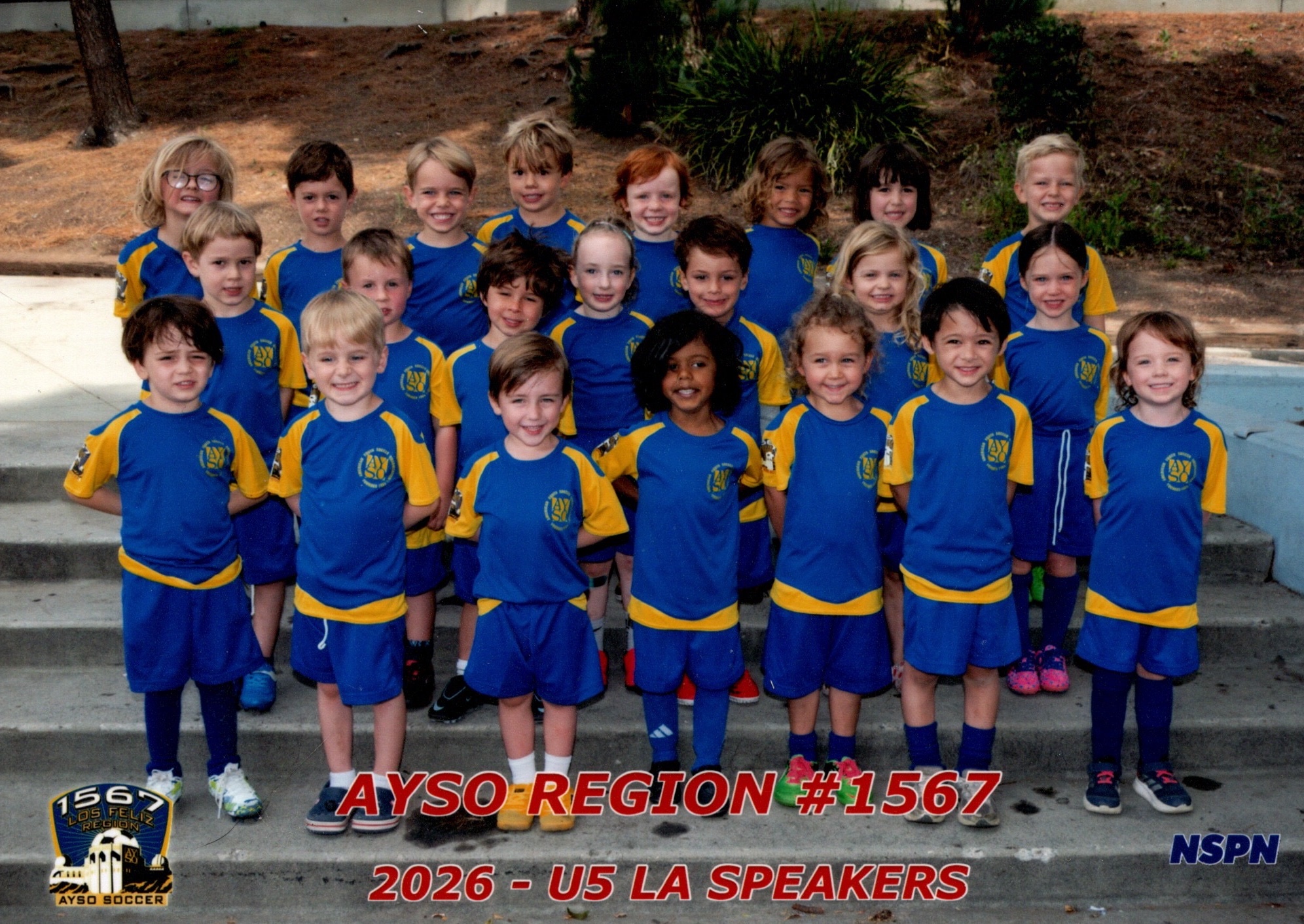 Spring 2026 U5 LA Speakers players in blue and gold Los Feliz AYSO uniforms